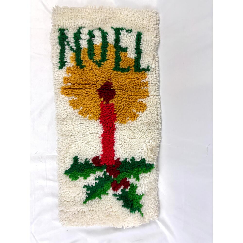 Vintage Latch Hook Wall Hanging Rug Christmas‎ Noel Candle White Green Gold - Picture 6 of 10